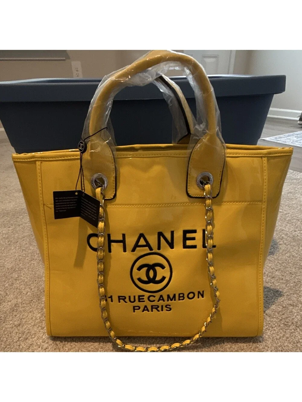 CHANEL Yellow Tote Bag Chain Strap Top Handles Magnetic Close 31 Rue Cambon